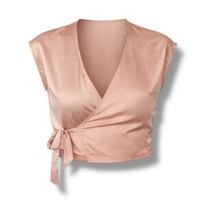 All Row Cropped Satin Wrap Top in Blush Pink - Medium